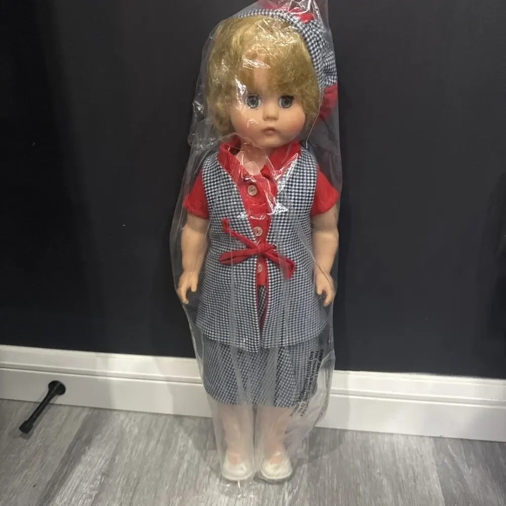 Vintage 19” Hard Plastic Blonde Girl Doll Blue Gingham Dress Red Trim *
